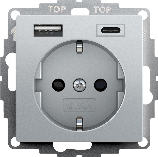 Gira S-55 Алюминий Розетка с з/к, шт,с USB двойн.A /C